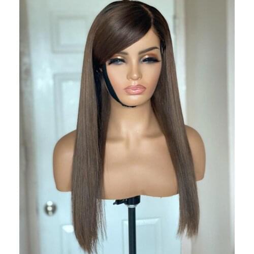 Ombre Light Chocolate Brown Full Lace Human Hair Wigs with Bangs 13x6 Transparent Lace 360 Frontal Prepluck Silk Base Fringe Wig