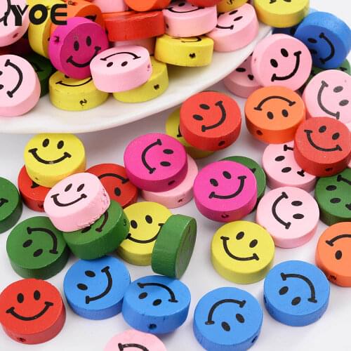 IYOE 30pcs/Lot 17mm Flat Oval Smiley Face Beads Natural Wood Beads For Jewelry Making Necklace Phone Chain DIY Supplies