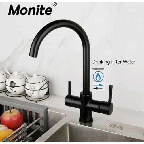 Monite Matte Black Swivel Kitchen Faucet 2 Handles 360 Rotated Bathroom Basin Tap Purity Drinking Filter Water Kitchen Mixer Tap