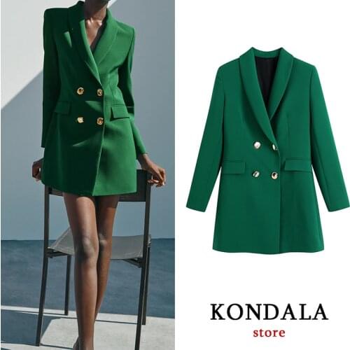 KONDALA Za 2021 Vintage Stylish Green Oversized Long Women Blazer Office Lady Pockets Fashion Autumn Jackets Female Bussiness
