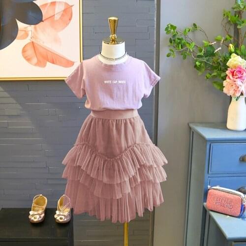2 Pcs Girls Summer Clothes Cotton Solid T Shirt + Mesh Skirt Girls Sets Clothing Casual Kids Clothing For Girls Toddler Dress