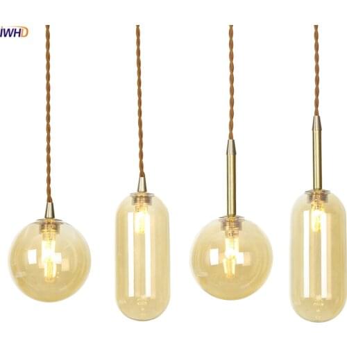 IWHD Copper Nordic LED Pendant Light Champagne Glass Hanglamp Simple Hanging Lamp Vintage Lights Fixtures For Home Lighting