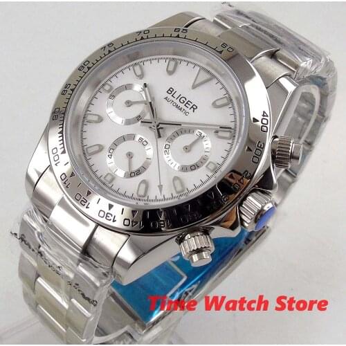 40mm Bliger mechanical watch men waterproof white dial stainless steel bracelet dezel date multifunctional Auto wrist 274