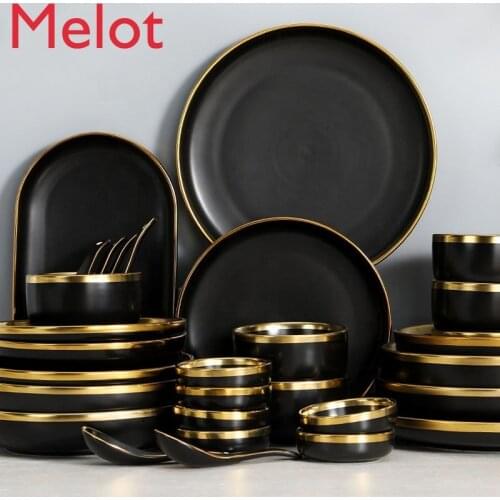 Modern Style Black Matt Golden Rim Ceramic Cutlery Set
