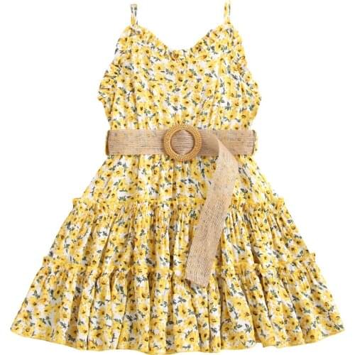 Citgeett Summer Lovely Kids Girls Dress Belt Flowers Printed Ruffles Sleeveless Knee Length A-Line Yellow Sundress Clothes