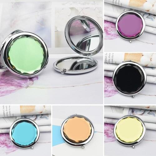 Portable Women Double Sided Folding Round Faux Crystal Mini Pocket Makeup Mirror HD Magnifying Lighted Makeup Mirror