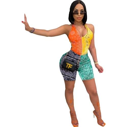Casual Women Jumpsuit Print Halter Colorful Sleeveless Short Romper Women Jumpsuit Outfit
