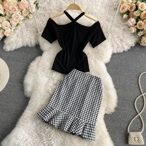 Sexy slim cross strapless short-sleeved T-shirt two-piece suit high waist plaid bag hip fishtail skirt short skirt summer