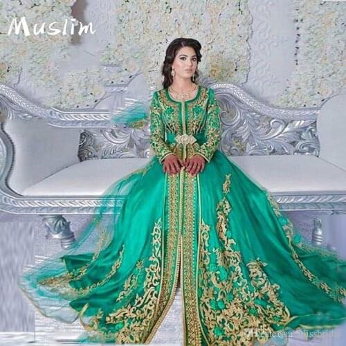 Long Sleeve Emerald Green Muslim Evening Dress 2021 Abaya Dubai Turkish Prom Dress Arabic Moroccan Formal Dress Robes De Soirée
