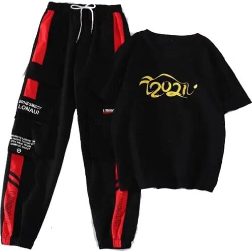 Sportswear Cargo Pants Female 2021 Spring Autumn Style Streetwear Fashion BF Casual Two-piece T Shirt+Joggers Pants