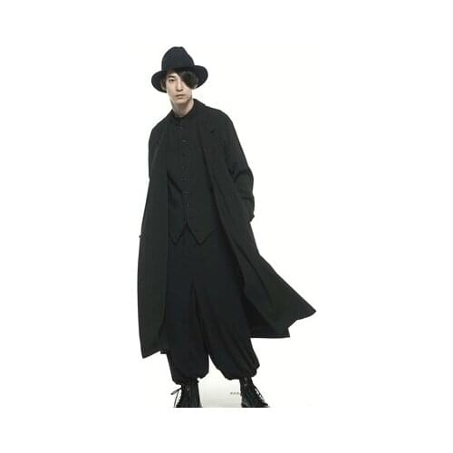 Autumn New Winter yamamoto-style dark long trench coat with adjustable chamfered buttonhole blended coat