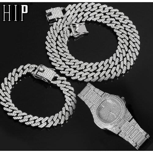 HIP 12MM Prong Necklace +Baguette Watch+Bracelet Hip Hop Prong Cuban Chain Iced Out Paved Rhinestones CZ Bling For Men Jewelry