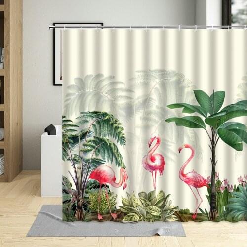 Flamingo Shower Curtain Tropical Plant Palm Leaf Cartoon Monstera Curtains Polyester Fabric Bathroom Decor With Hooks