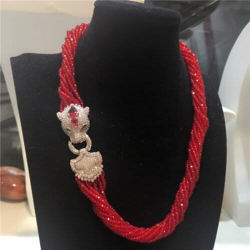Womens fashion Leopard head clasp DIY accessory red glass crystal necklace welcome custom colors fashion jewelry