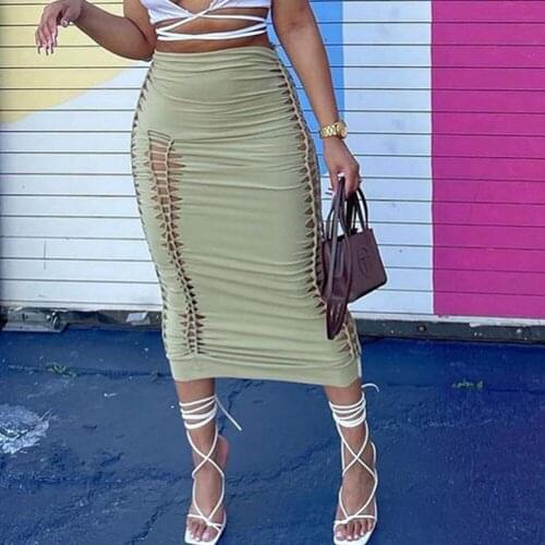 2021 Solid Hollow Out Skirt Women Sexy Summer Skirts Low Waist See Through Bandage Side Spilt Robe Unique Y2K Outfits Streetwear