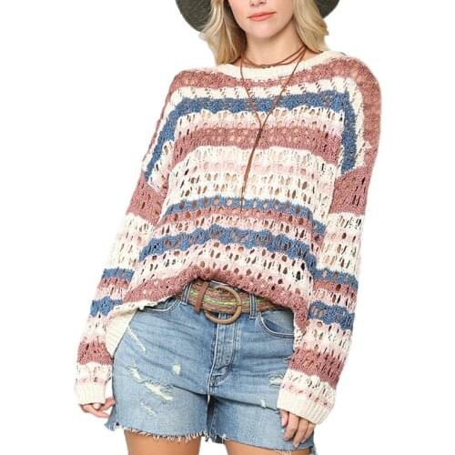 Women Beach Overalls Autumn New Products Hollow Knit Sweater Color Stripe Stitching Sexy Hollow Out Women Harajuku Sweater