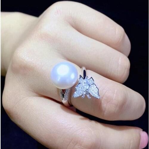 Natural fresh water pearl ring 925 sterling silver with cubic zircon butterfly insect ring adjustable size fine women jewelry