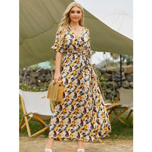 2021 Summer New Womens Large Size Casual Printed V-neck Tie-Neck Flared Sleeves Large Swing Dress