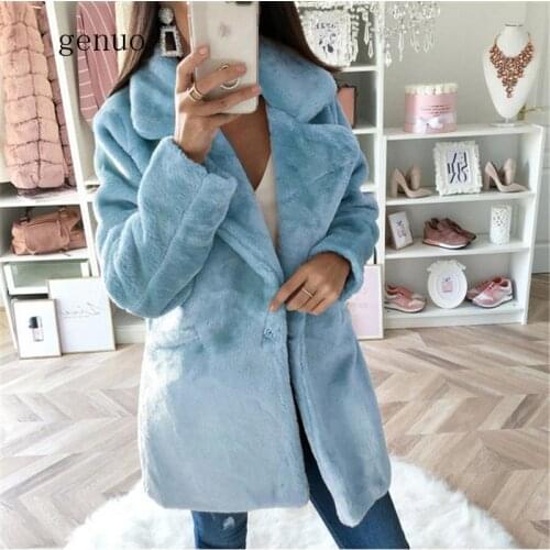 Women Fluffy Warm Fur Coat Long Sleeve Turn Down Collar Thick Fall Chic Faux Fur Soild Winter Coat