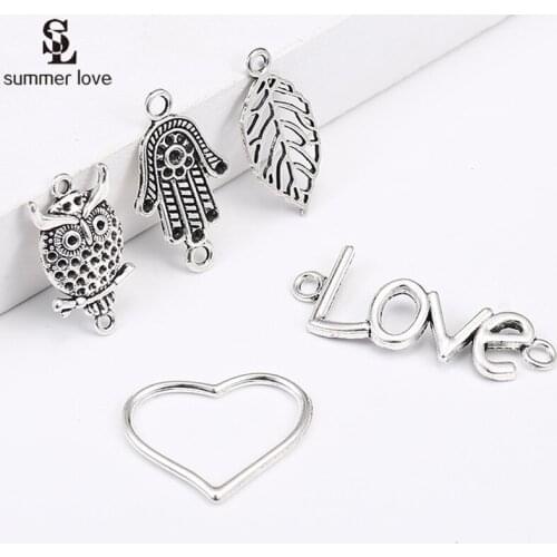 20PCS Tibetan Silver Color Heart Love Owl Leaf Connector Charm for Diy Bracelet Necklace Making 2 Holes Pendant Jewelry Findings