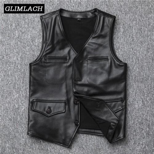 2021 New Real Leather Vest Jacket Men V-Neck Sleeveless 100% Cowhide Genuine Leather Waistcoat Slim Fit Short Black Spring Male