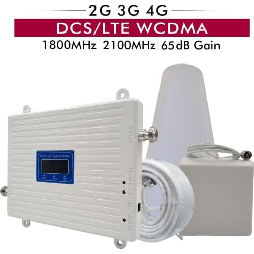 65dB Gain 20dBm Dual Band 4G DCS/LTE 1800 Band 3+Band 1 3G WCDMA 2100 MHz Mobile Phone Signal Cellular Booster Repeater Full Set