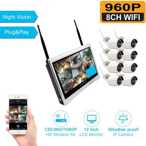 960P Wireless Security Camera Kit 8CH NVR System Night Vision Outdoor Wifi 12''monitor Surveillance Camera System Cctv Video Kit