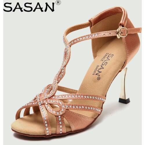 Free shipping Dance shoes women SASAN Adult Latin shoes with Diamond High-end atmosphere gold Heel 85mm Celebrity product soft
