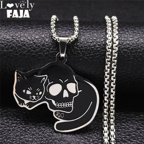 Witchcraft Cat Skull Stainless Steel Chain Necklaces Black Silver Color Inverted Pentagram Necklace Jewelry collier N3627S03