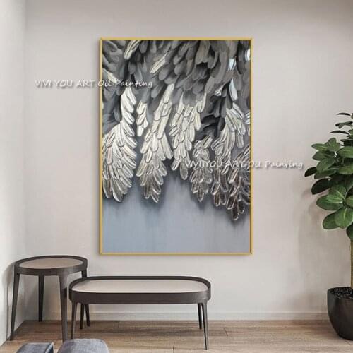 Black Silver Feather Leaf Hand-painted High Quality Abstract Oil Painting Canvas Frameless Wall Art Picture For Office Decor