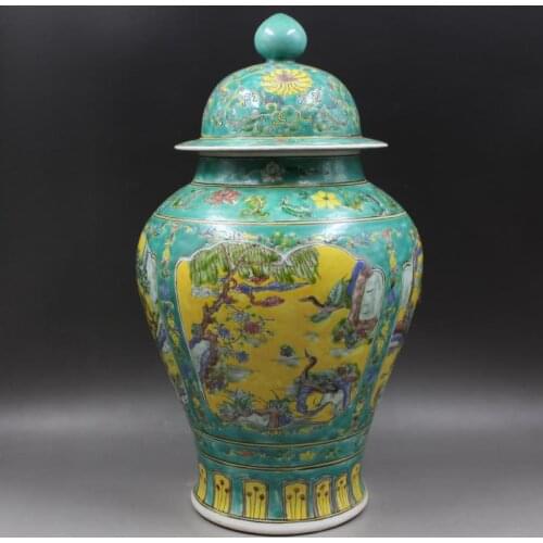 Qing Dynasty Kangxi Year System Green Space Pastel Figure Ginger Jar Folk Collection Of Old Goods Ancient Porcelain temple jar
