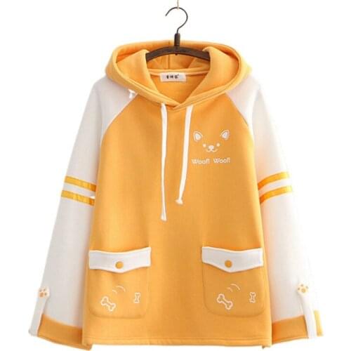 Fleece Women Hooded Sweatshirts Cartoon Print Pockets Hoodies Long Sleeve Pullover Sweet Style 2020 Winter Clothing For Women