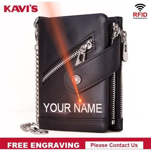 KAVIS DIY Engraving Genuine Leather Men Wallet Rfid Coin Purse Black Small Card Holder Chain PORTFOLIO Portomonee Male Walet Bag