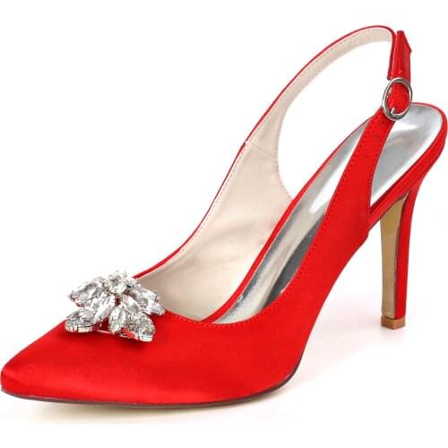 Pointed toe classic pumps slingback satin evening dress shoes with crystal brooch stiletto bridal wedding party prom high heels