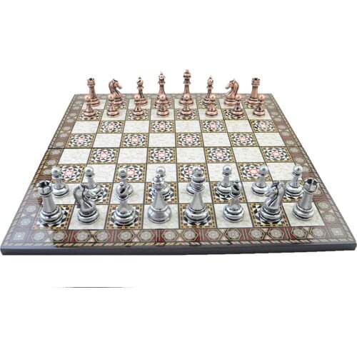 Classic Antique Copper Chess Set for Adult,Handmade Pieces and Mother-of-Mother Pearl Wood Design Chess Board King 7 cm
