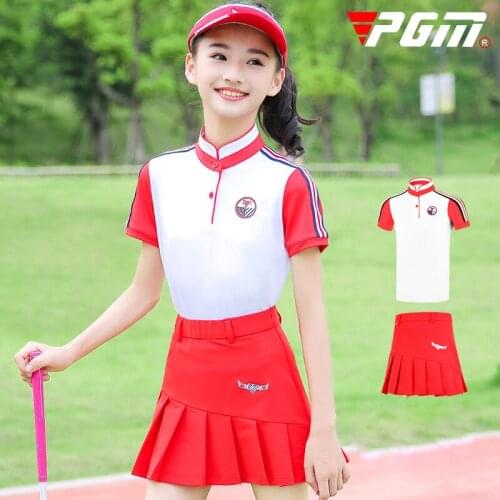 PGM Girls Summer Golf Skirts Set Short Sleeve Slim Soft Shirt Pleated Skirt Children Girls Sportswear Golf Clothing D0787