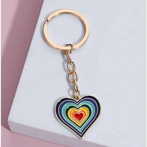 Colorful Rainbow Heart Shaped Keychain Enamel Key Ring Alloy Key Chains Valentines Day Couple Gifts DIY Jewelry Handmade