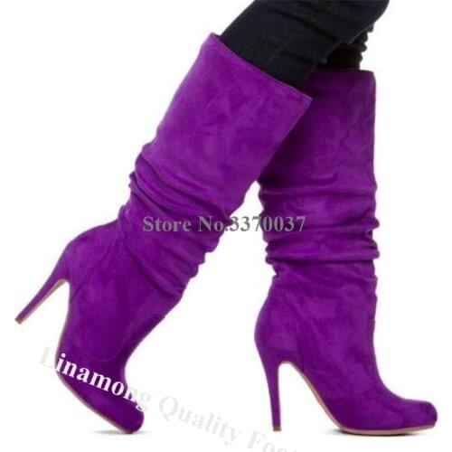 Linamong Women Fashion Pointed Toe Suede Leather Stiletto Heel Knee High Boots Purple Pleated Long High Heel Boots Dress Heels