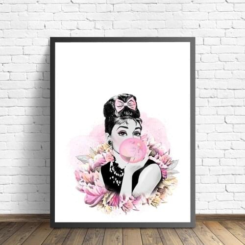 Pink Bubble Audrey Hepburn Fashion Posters Flower Pop Art Nordic Wall Painting Print Minimalist Decoration Pictures Living Room