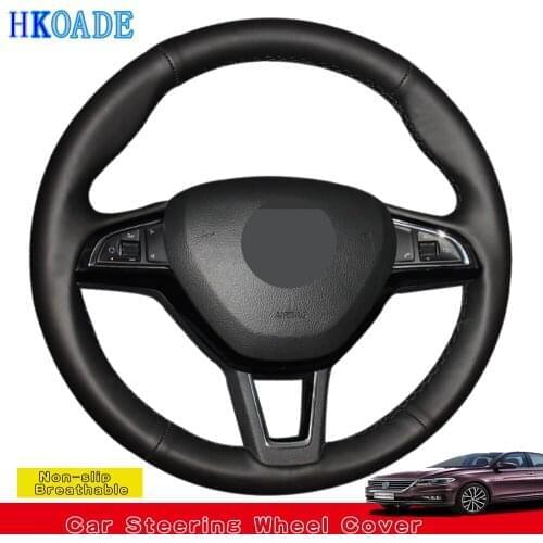 Black Genuine Leather Hand-stitched Car Steering Wheel Cover For Skoda Octavia 2017 Fabia 2016 2017 Rapid Spaceback 2016
