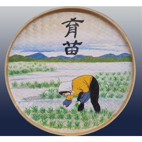 Retro Hand-Painted Bamboo Dustpan Tray Painting Round Woven Painting Background Wall Decoration Farmhouse Party Wall Hotel