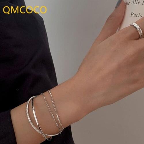 QMCOCO Adjustable 925 Silver Bracelet For Women New Style Trendy Vintage Couples Simple Smooth Surface Zircon Jewelry Gifts