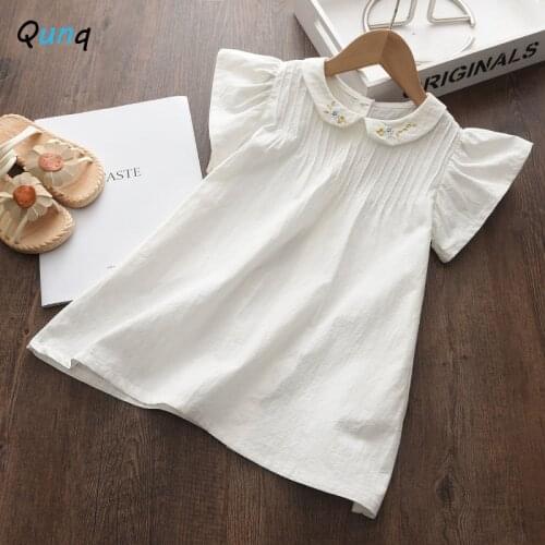 Qunq Girls Dress Flower Embroidery Solid Color Kids Summer Clothes for 2 3 4 5 6 Year Toddler Casual Baby Children Clothing