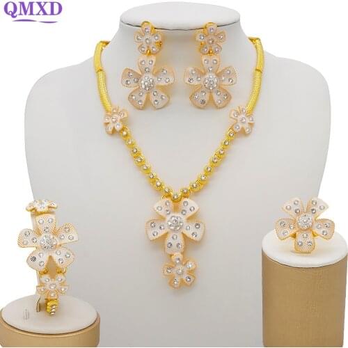 Dubai luxury 24K Gold color jewelry sets Ornament Jewellery set for women party Flower necklace earrings African wedding wife