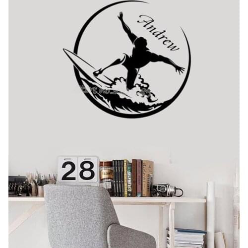 Surfing Boy Custom Name Wall Sticker Surfing On The Sea Exciting Extreme Sport Wall Art Mural decor GYM Teens Boys Bedroom EA897