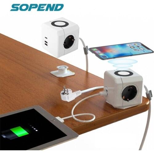 Sopend Eu Plug Power Strip with Phone Wireless Charger Station Type-C Ports 2 USB Powercube Outlets Socket 1.5m Extension Cord