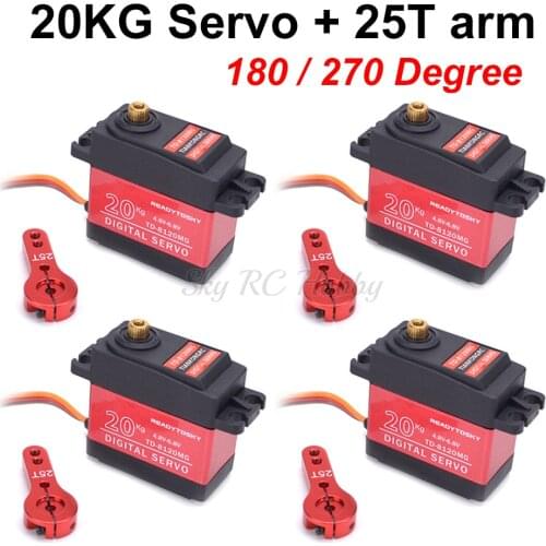 Waterproof 20KG Large Torque Digital Coreless Servo Aluminium Metal Gears 180 / 270 degree control + 25T Arm For RC Car Airplane