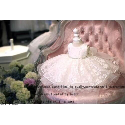 Top Quality Toddler Girl Baptism Dress White Bead Belt Princess Infant Party Wedding Gown 1 Year Baby Girl Birthday Dresses