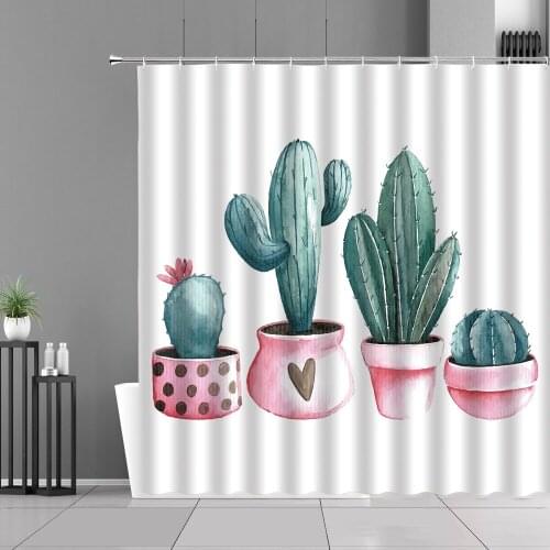 Green Cactus Tropical Plants Floral Shower Curtain Cartoon Children Bathroom Decor Curtains Waterproof Bath Screen Boy Girl Gift