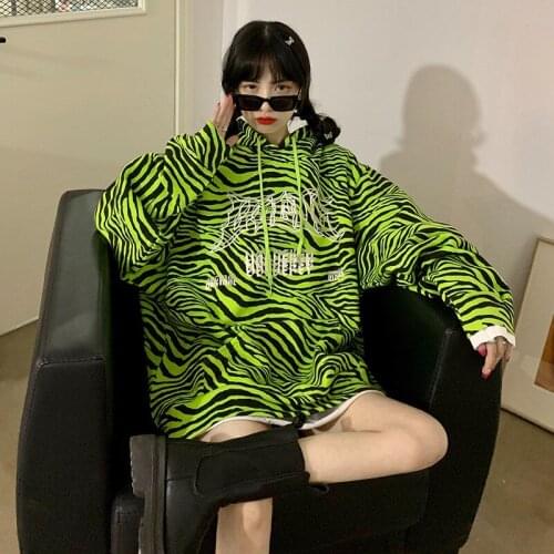 Zebra Print Letters Pullover Hooded Sweatshirt Women Men Harajuku BF Long Sleeve Loose Top Oversized Streetwear Student Coat
